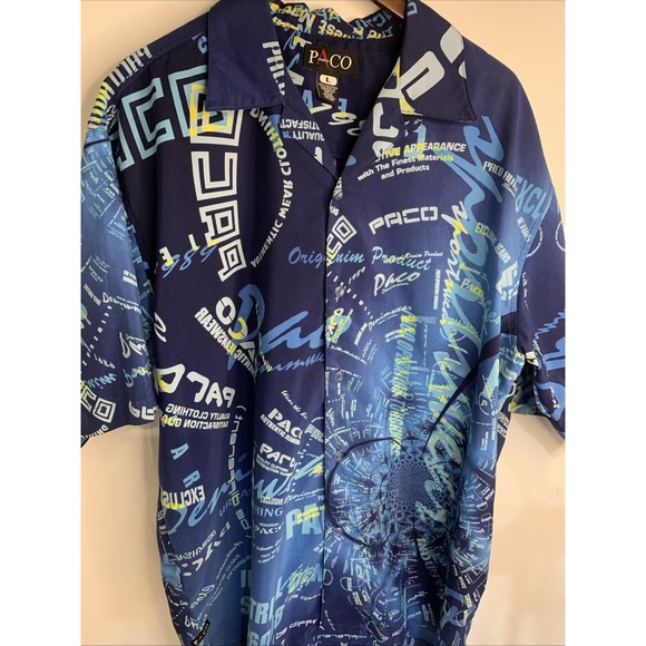Vintage Paco Jeans Co Short Sleeve Shirt Size Y2K Blue Button Graphic Collar - Picture 2 of 6